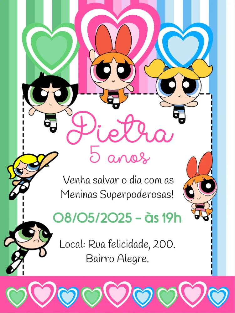 Convite Aniversário Meninas Superpoderosas para Editar Online