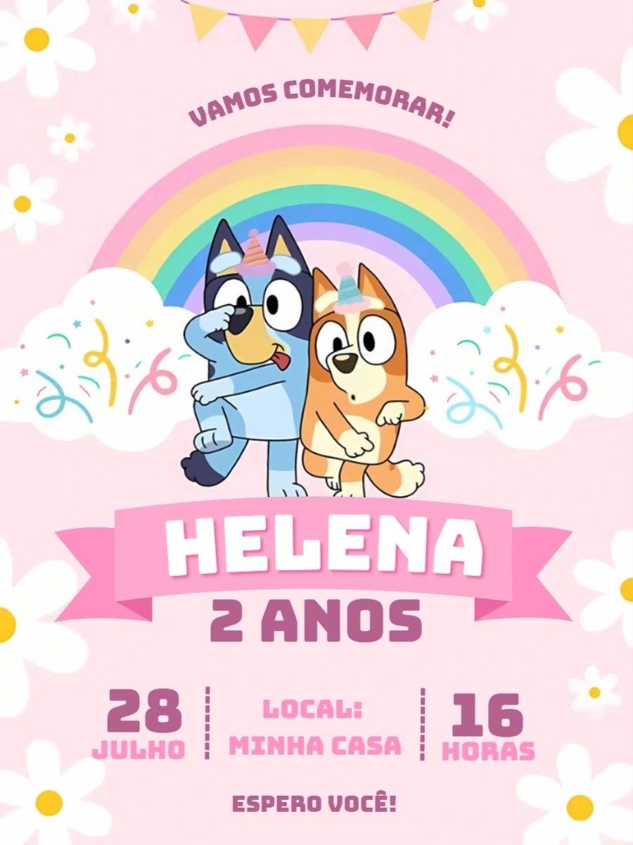 Convite de Aniversário Bluey e Bingo para Editar Online