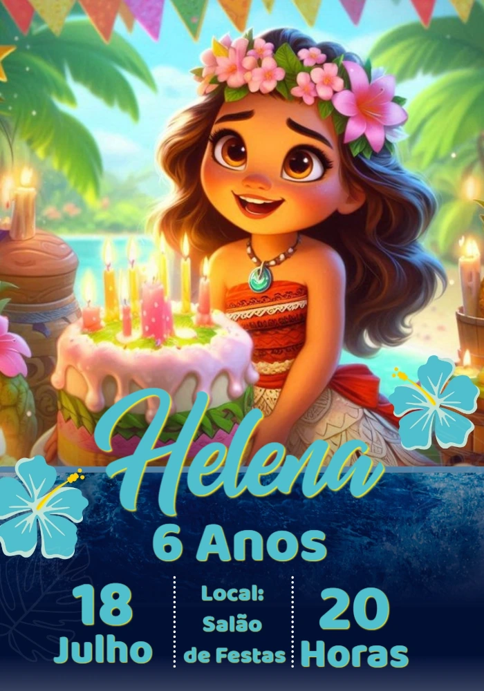 Convite de Aniversário Moana para Editar Online