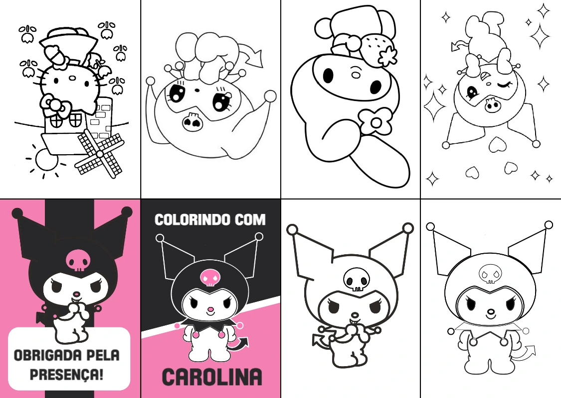 Mini Livro de Colorir Kuromi Editável para Aniversário