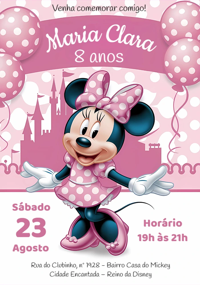 Convite Aniversário Minnie Mouse Rosa para Editar Online