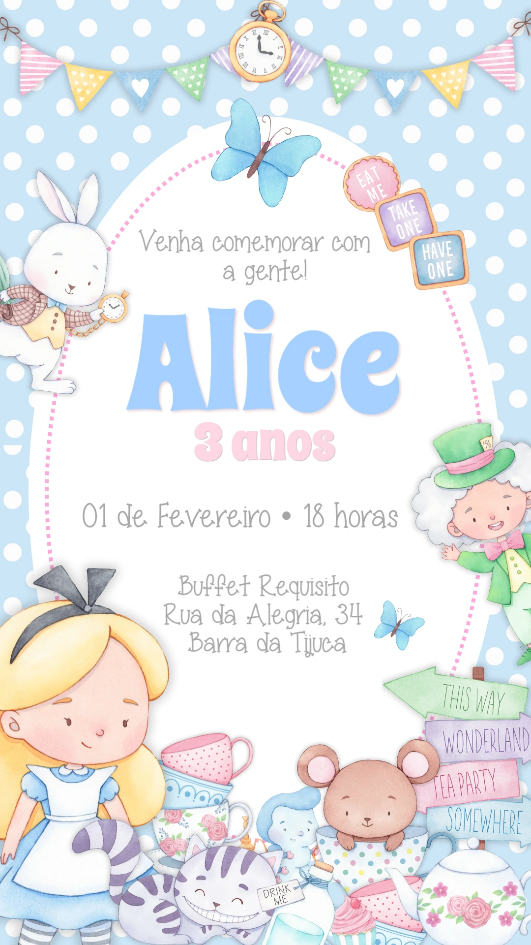 Convite Aniversário Alice no País das Maravilhas Cute para Editar