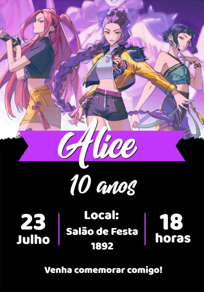 Convite Aniversário Guerreiras K-pop para Editar Online