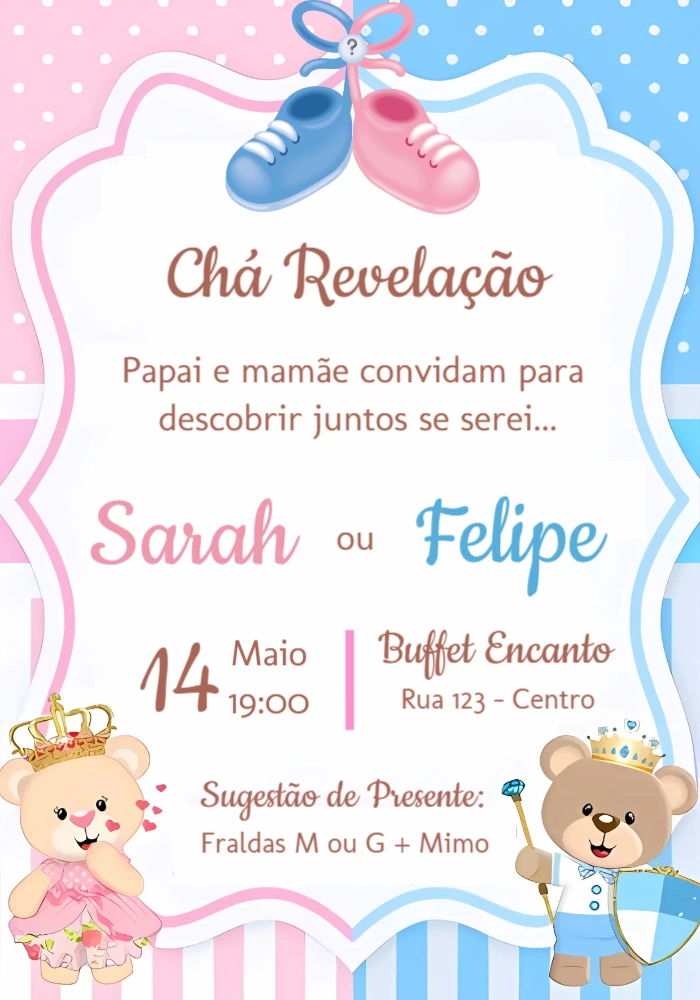 Convite Chá Revelação Ursinhos Realeza para Editar Online