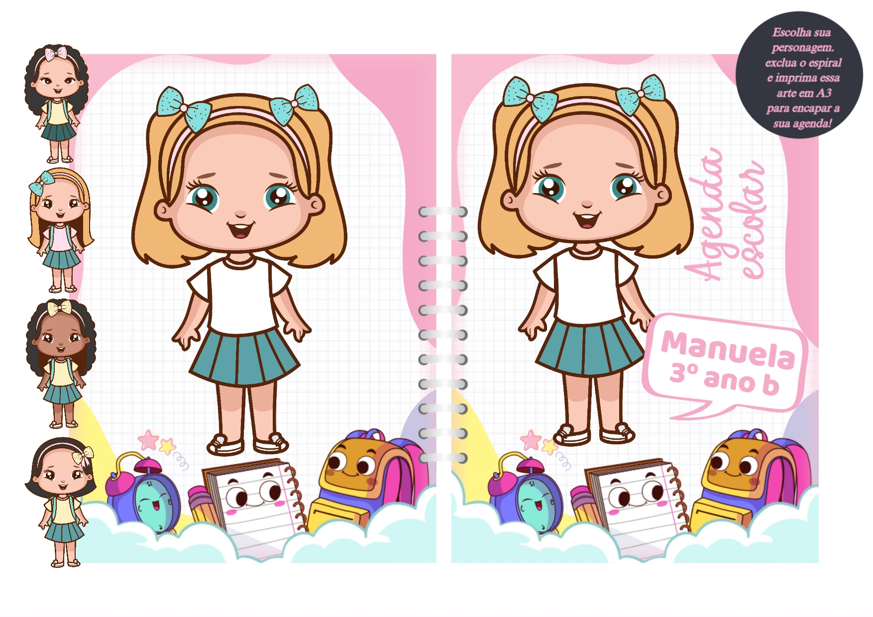 Capa de Agenda Escolar Menina com Personagens para Editar Online