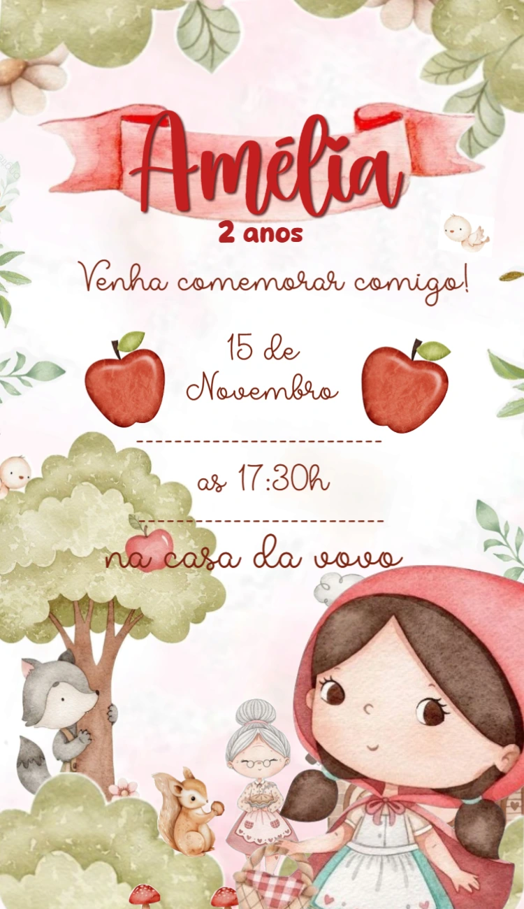 Convite Aniversário Chapeuzinho Vermelho Aquarela para Editar