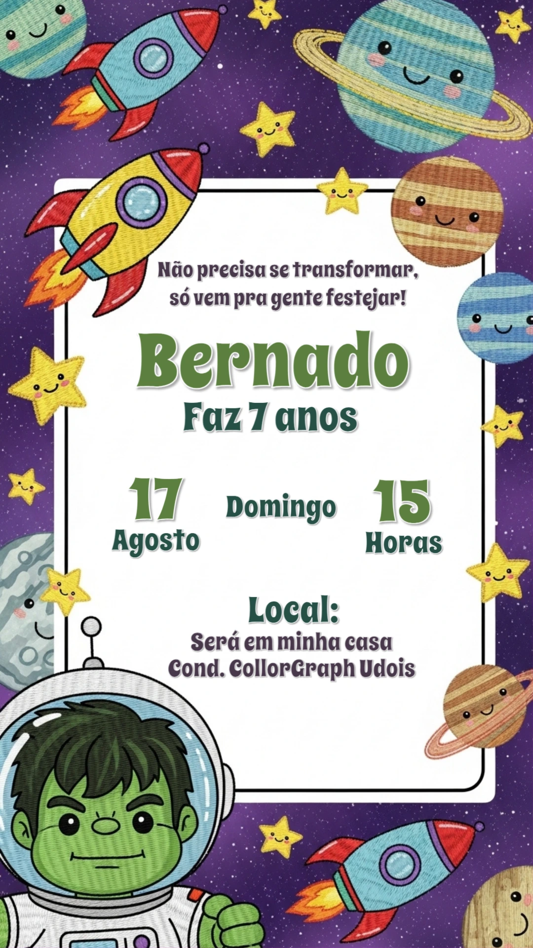 Convite Aniversário Incrível Hulk no Espaço para Editar Online