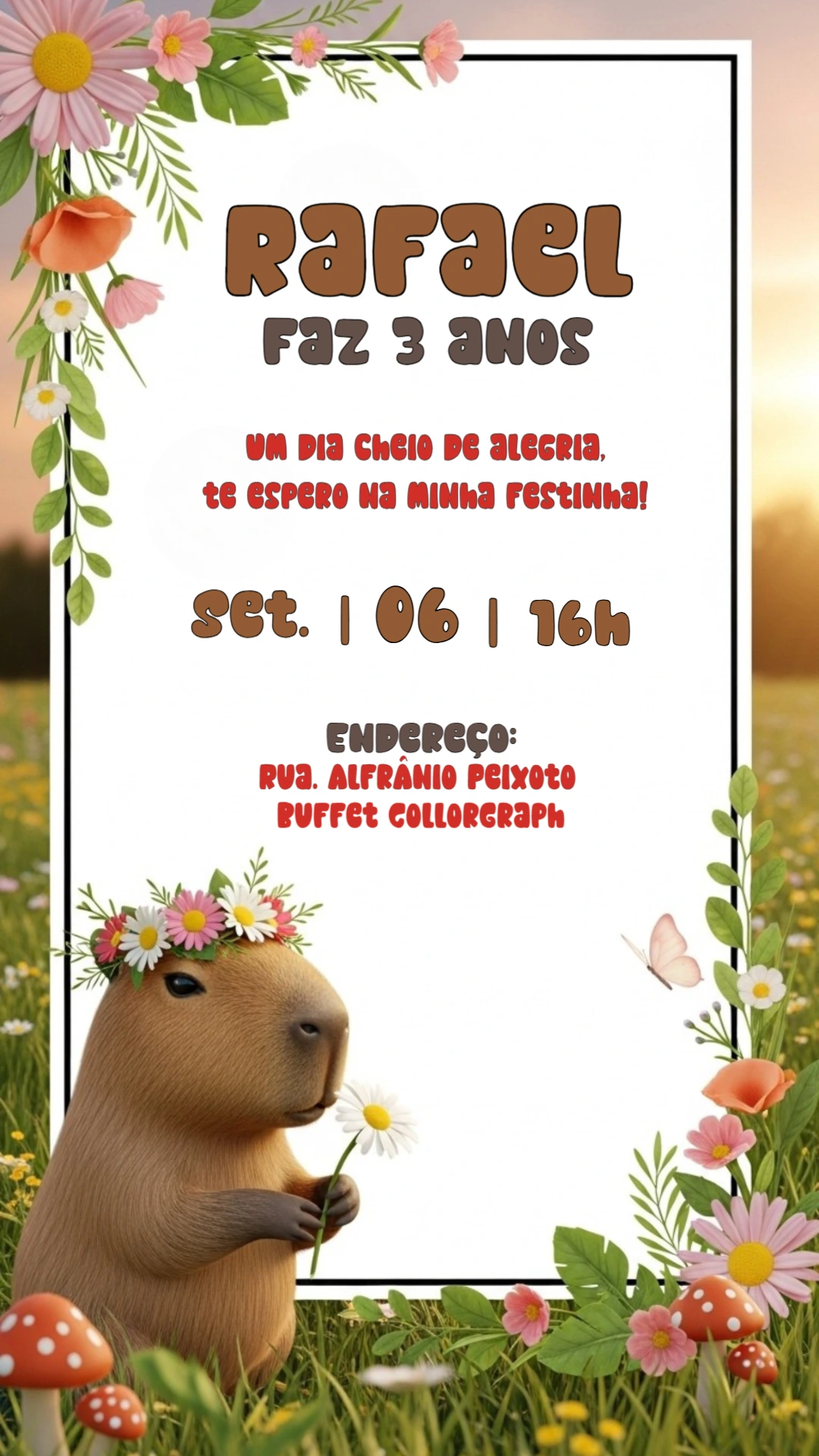 Convite de Aniversário Capivara Fofa para Editar Online