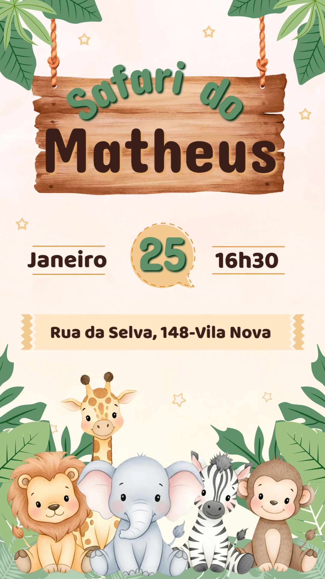 Convite de Aniversário Safari com Animais Fofos para Editar