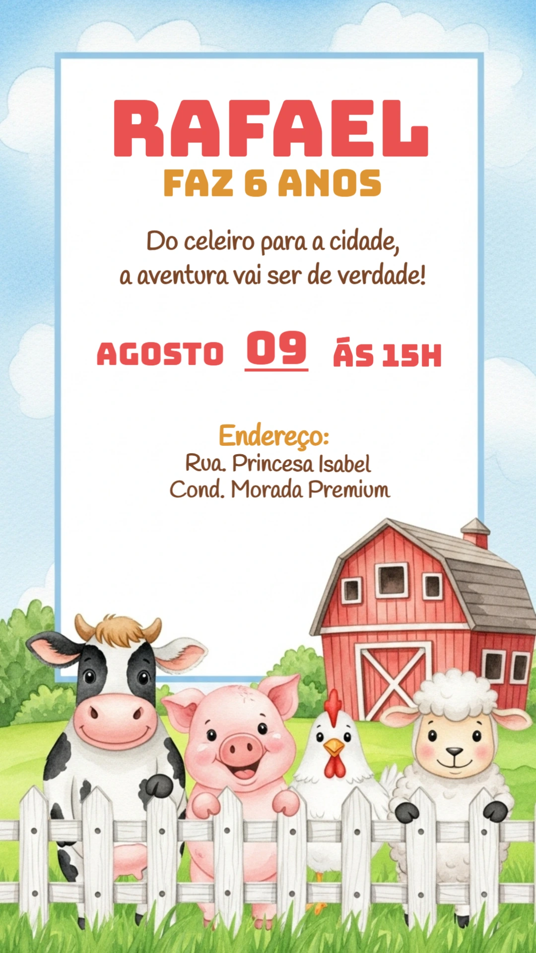 Convite Aniversário Fazendinha com Animais para Editar Online
