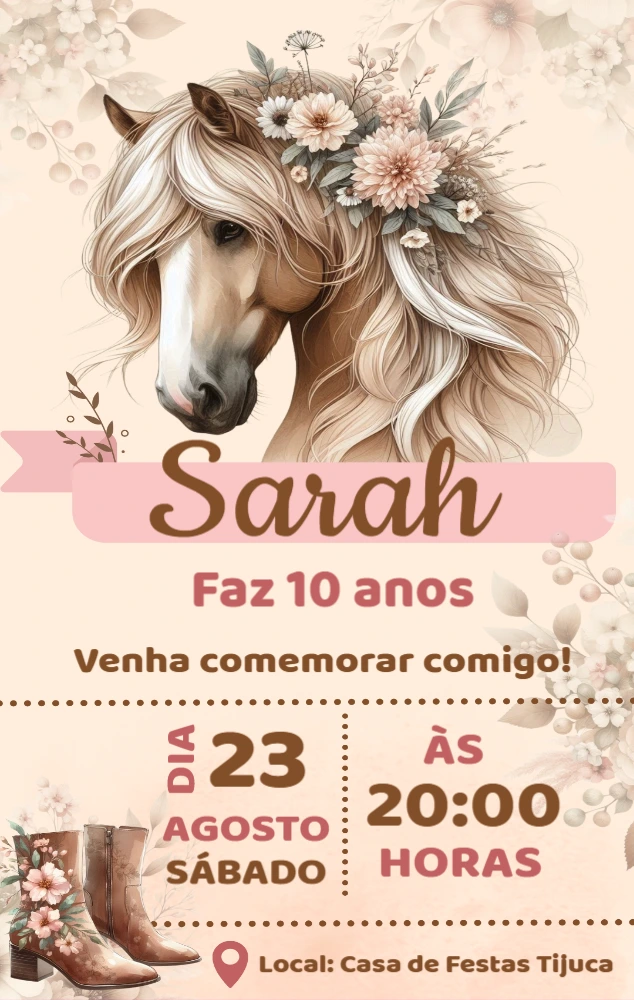 Convite Aniversário Boiadeira com Cavalo Floral para Editar