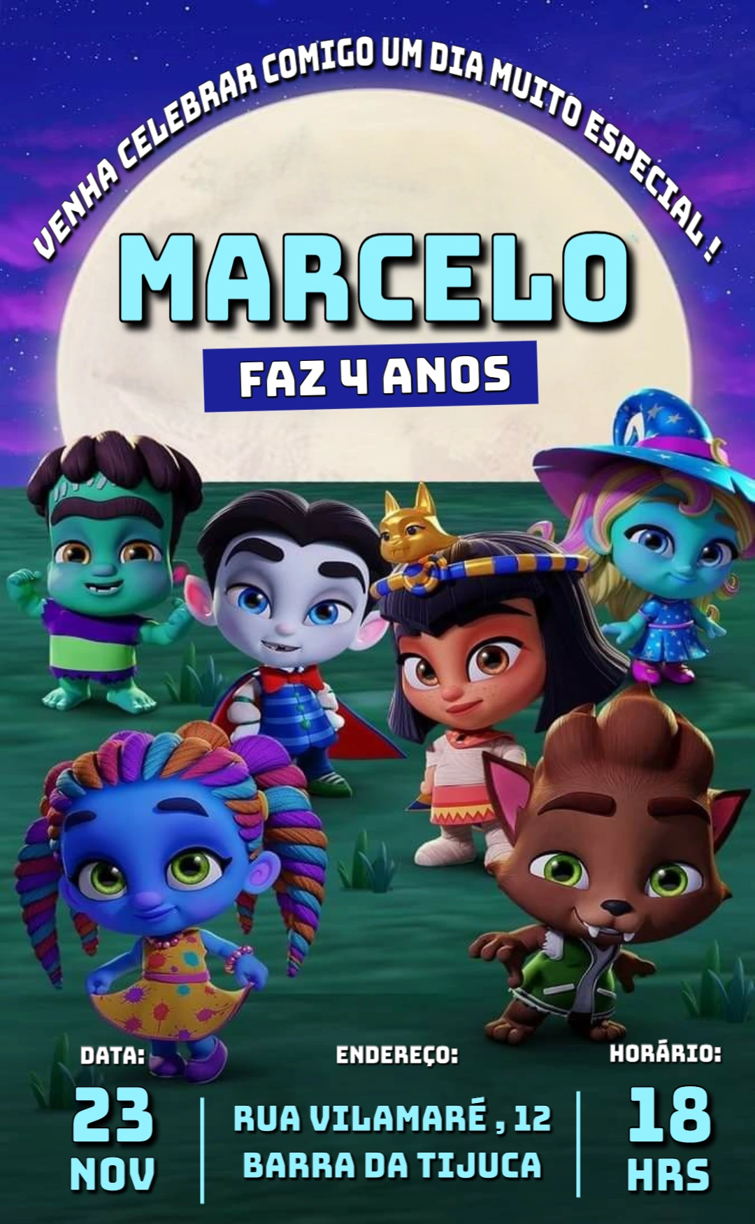 Convite Aniversário Super Monstros com Personagens para Editar
