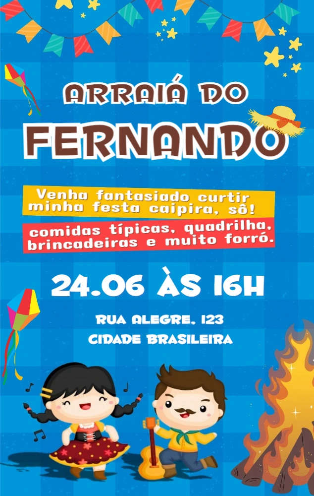 Convite Festa Junina com Crianças Caipiras para Editar Online