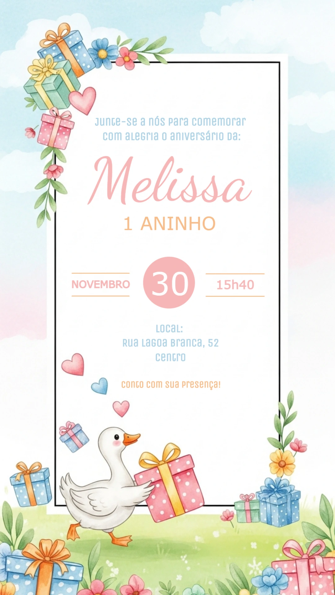 Convite de Aniversário Ganso Aquarela para Editar Online