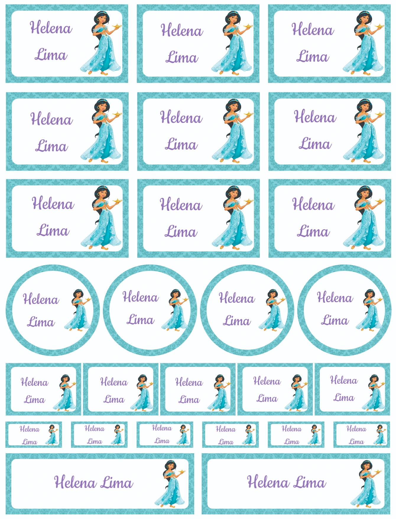 Etiquetas Escolares Princesa Jasmine Editáveis para Imprimir