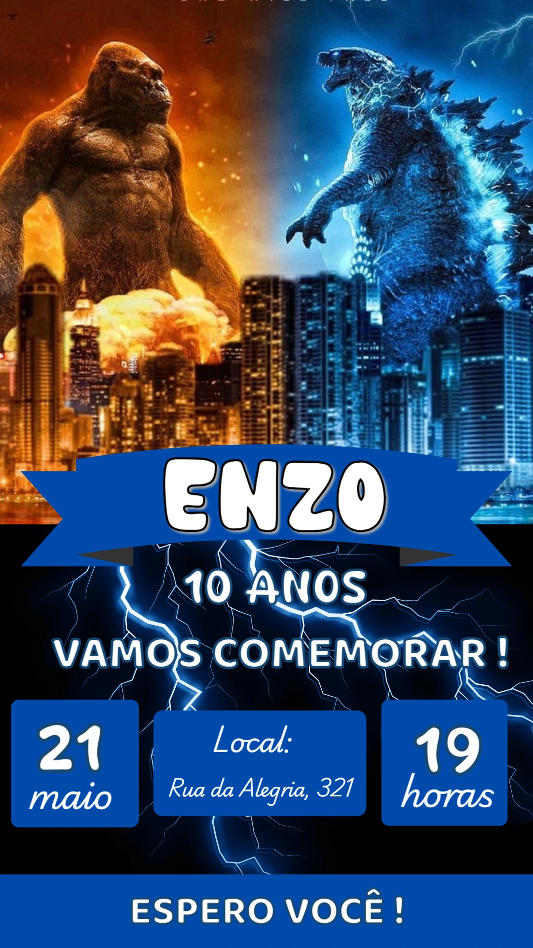 Convite Aniversário Godzilla e Kong para Editar Online
