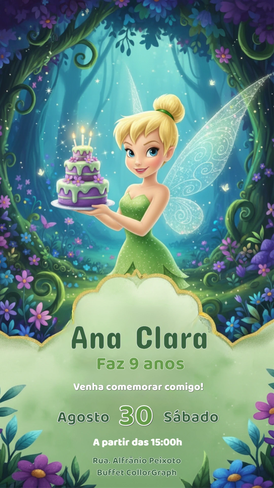 Convite de Aniversário Tinker Bell Floresta Encantada Editável