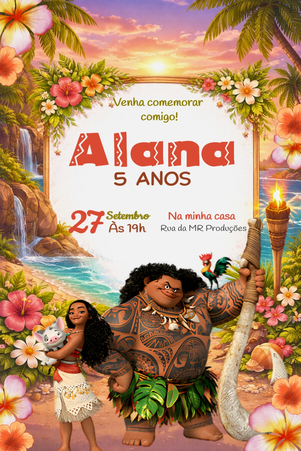 Convite de Aniversário Moana Tropical para Editar Online