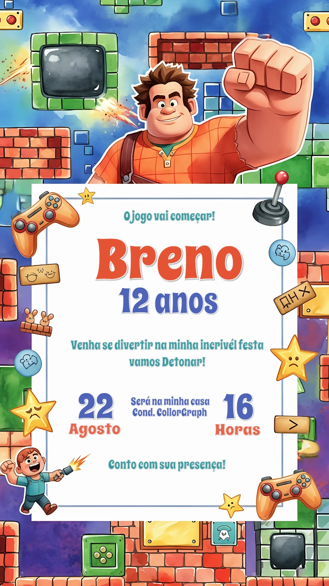 Convite de Aniversário Detona Ralph Video Game para Editar Online