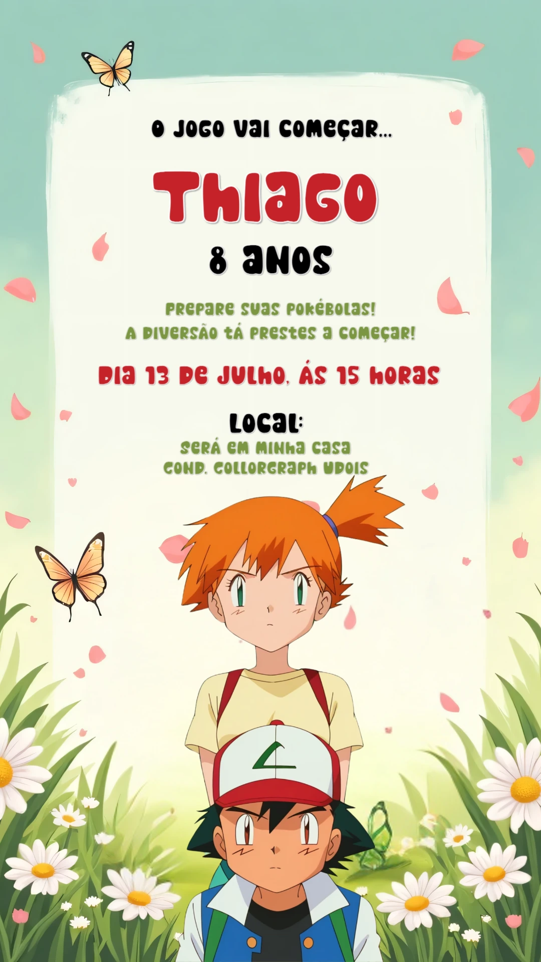 Convite de Aniversário Pokémon com Ash e Misty para Editar Online