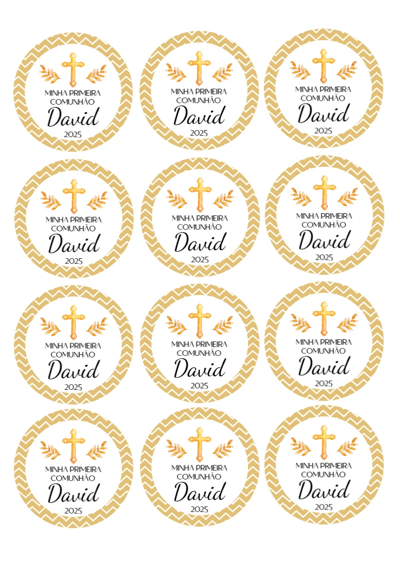 Tag Primeira Comunhão Dourada com Cruz para Editar Online