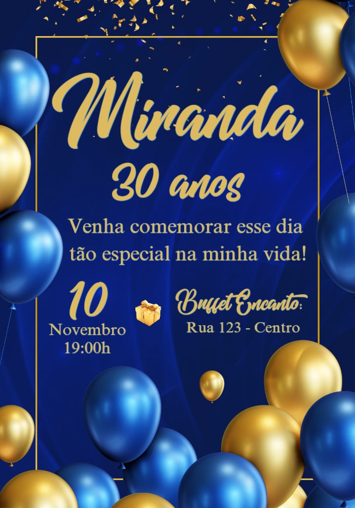 Convite de Aniversário Elegante Azul e Dourado para Editar