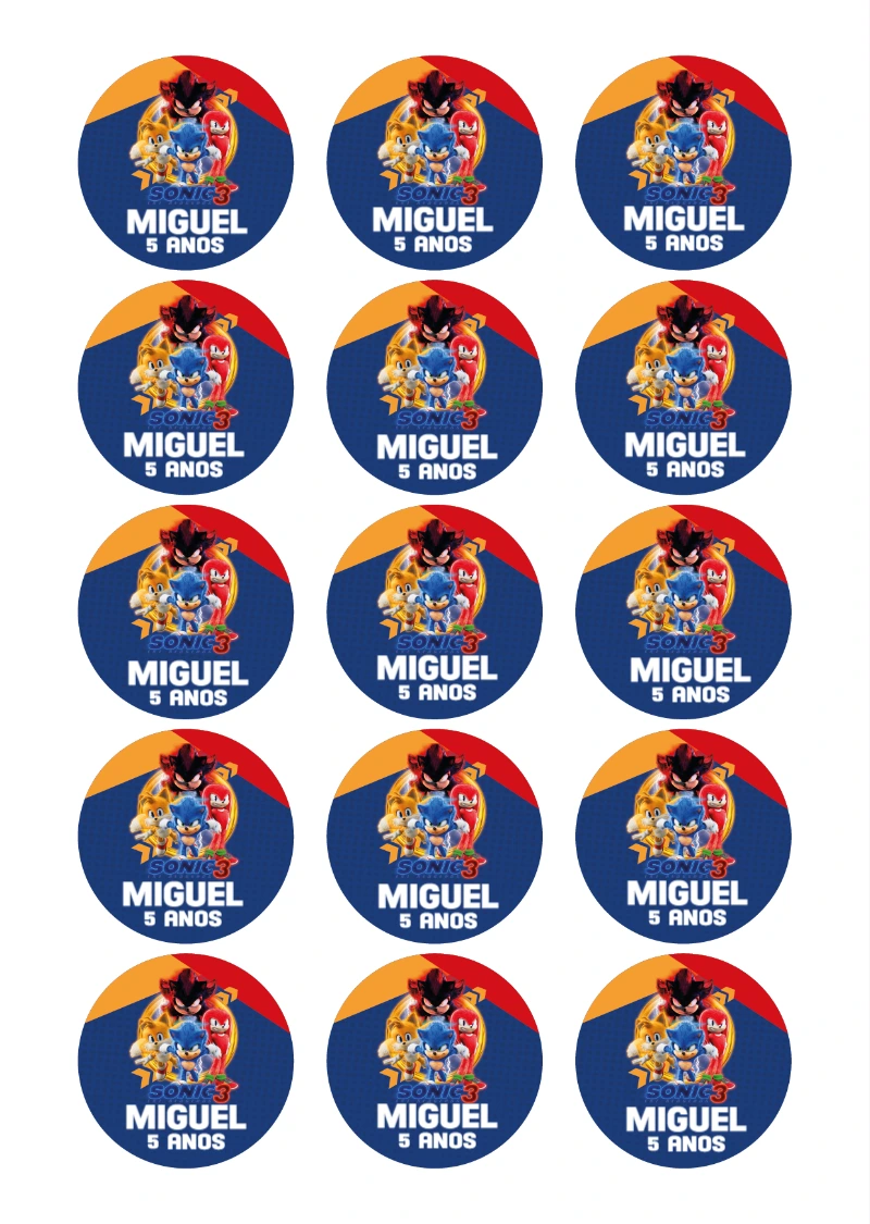 Tag Redonda Aniversário Sonic para Editar e Imprimir
