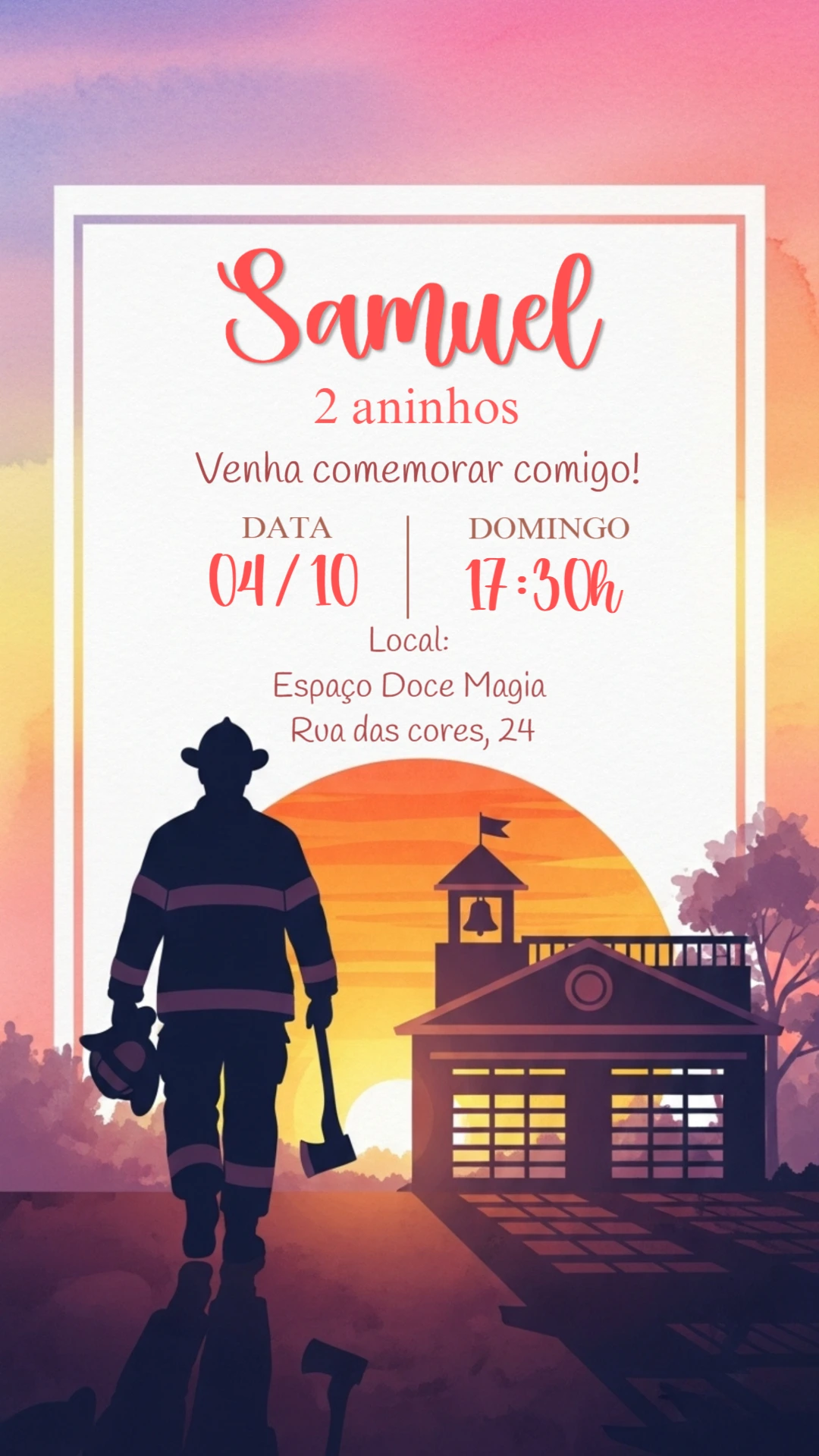 Convite de Aniversário Bombeiro com Silhueta para Editar