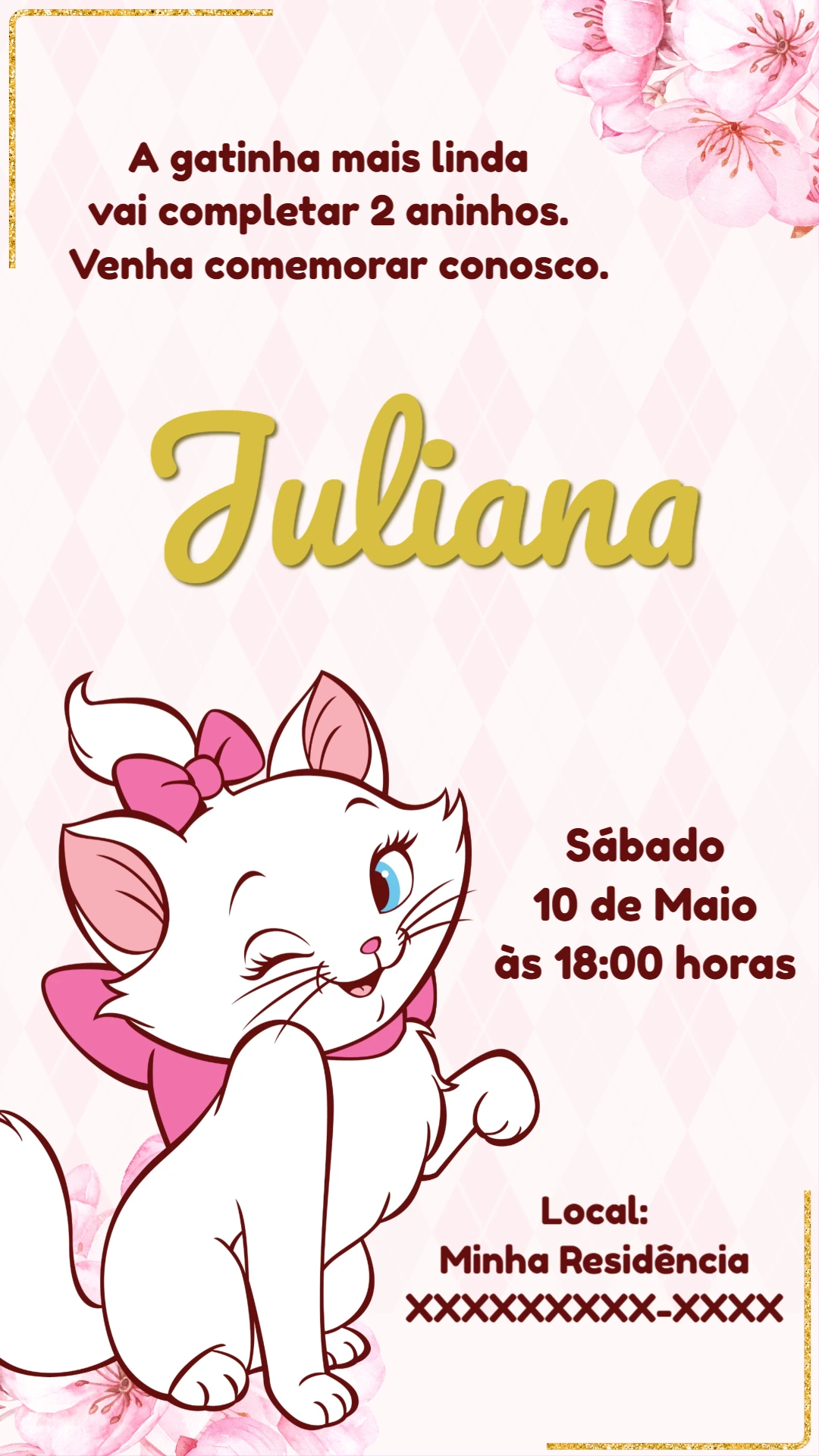 Convite de Aniversário Gata Marie para Editar Online