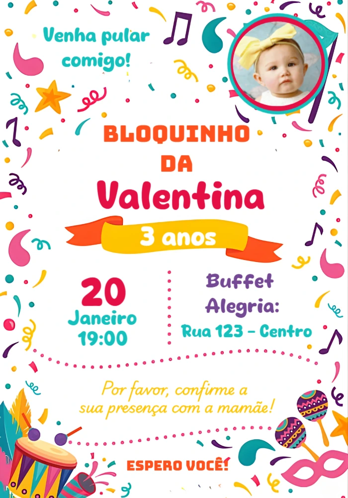 Convite de Aniversário Infantil Bloquinho de Carnaval Editável
