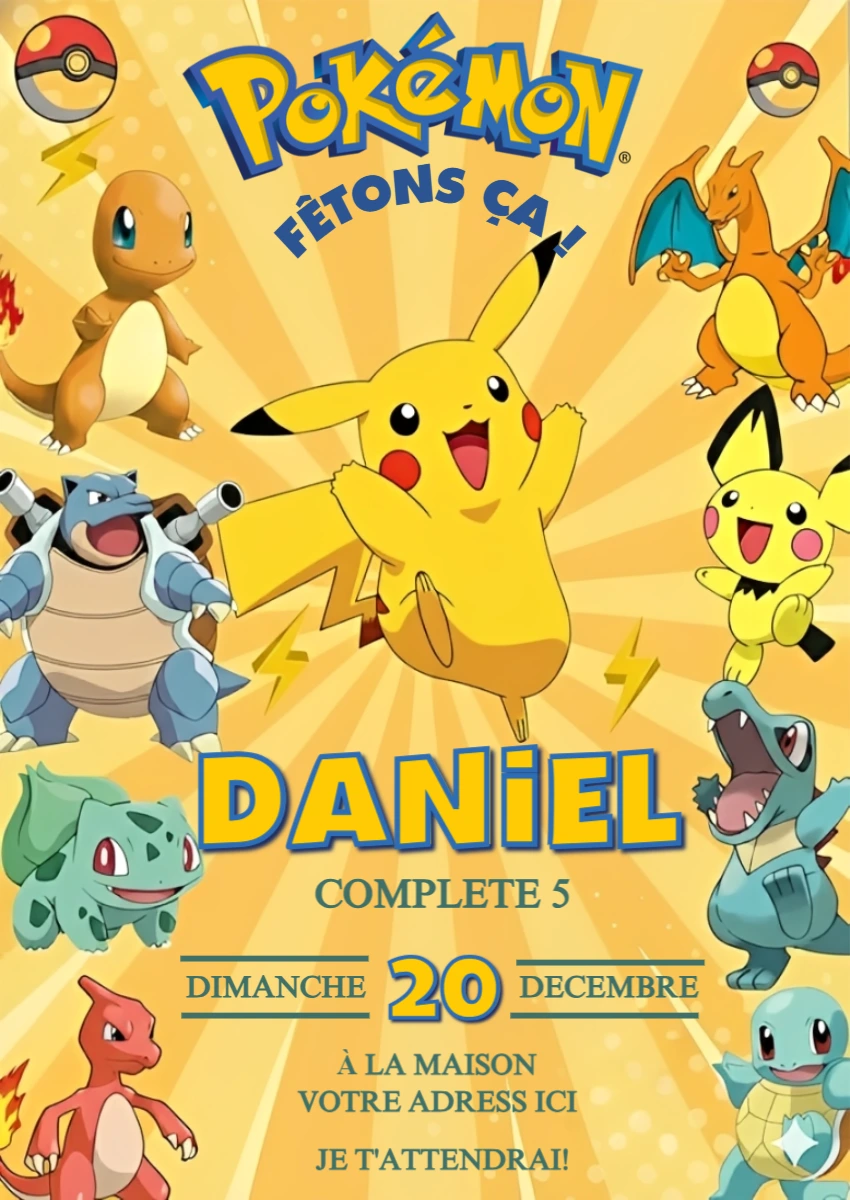 Invitation d'anniversaire Pokémon colorée - Modèle à modifier