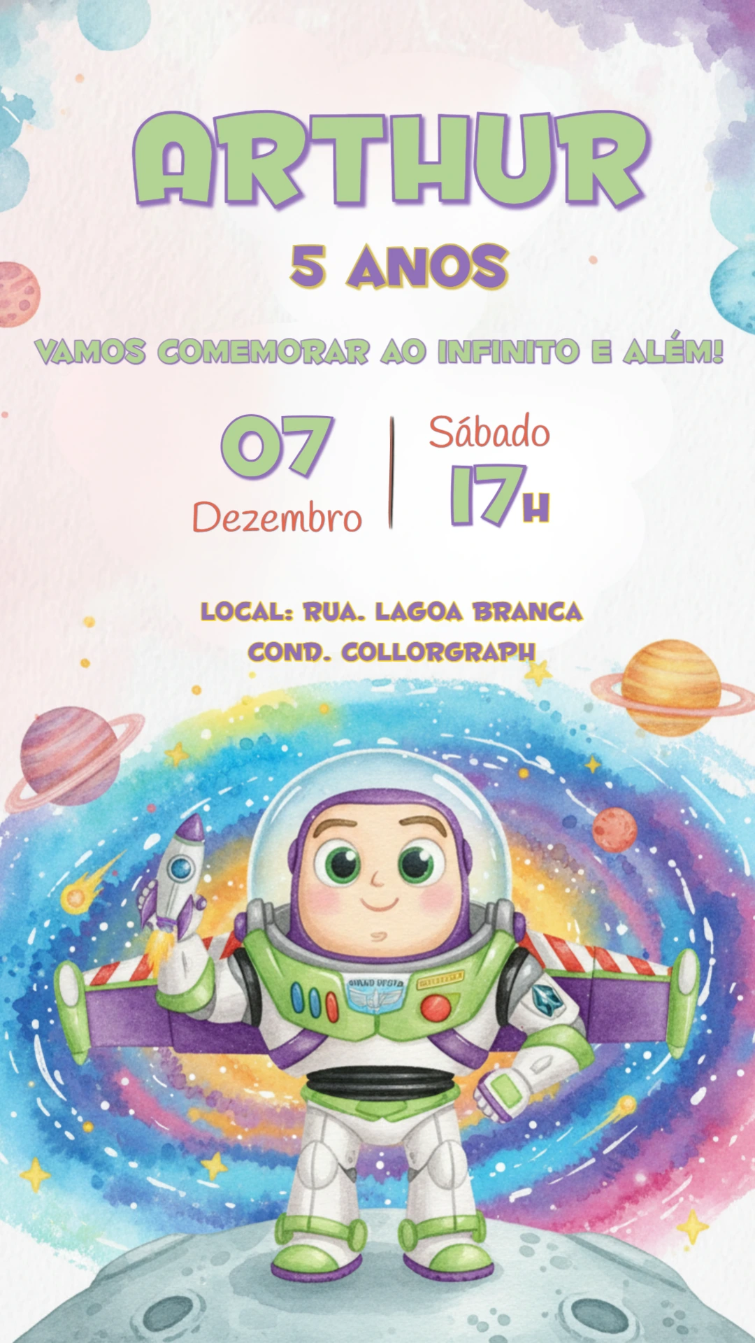 Convite de Aniversário Buzz Lightyear Aquarela para Editar