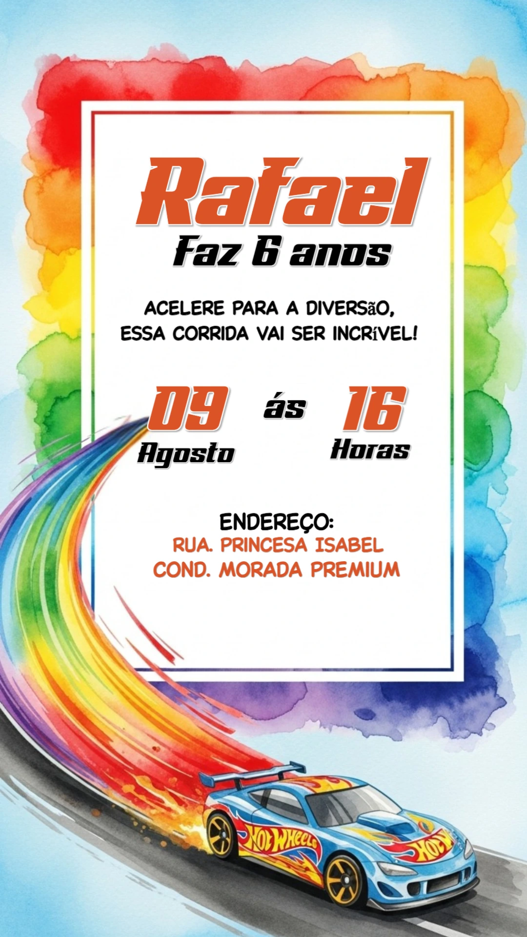 Convite de Aniversário Hotwheels Carros de Corrida para Editar
