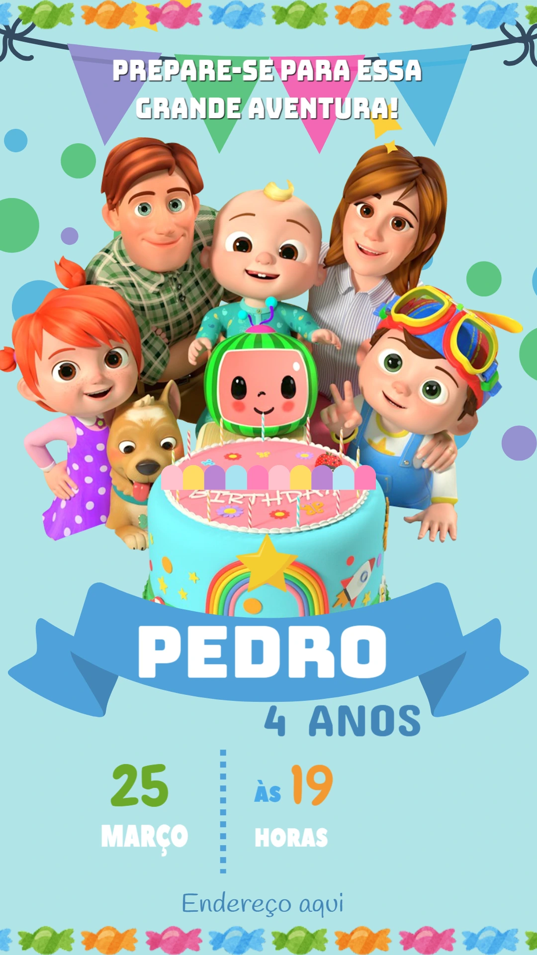 Convite de Aniversário Cocomelon para Editar Online