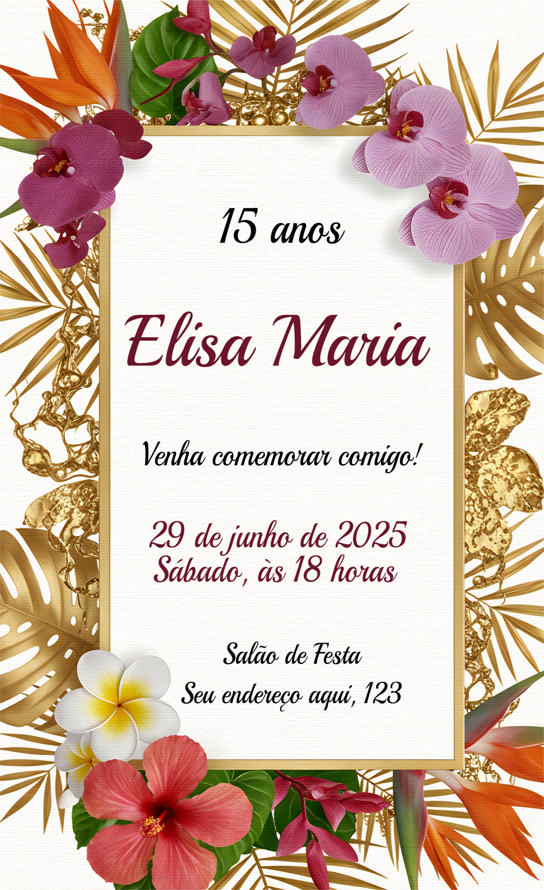 Convite de 15 Anos Elegante com Flores Marsala e Dourado Editável