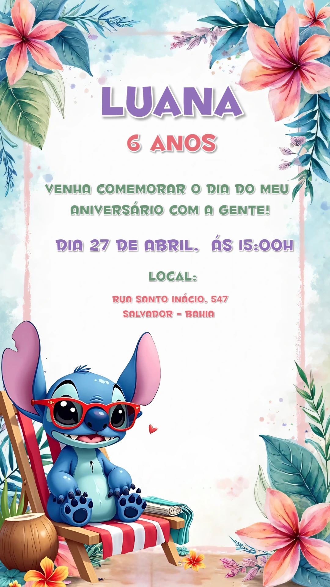 Convite de Aniversário Stitch Tropical para Editar Online