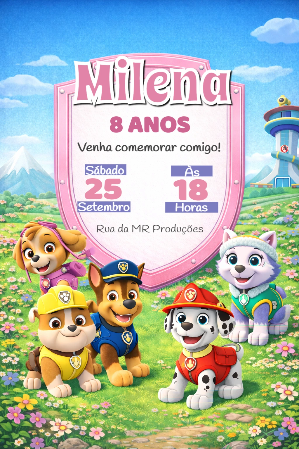 Convite Digital Patrulha Canina Menina Editável para Aniversário