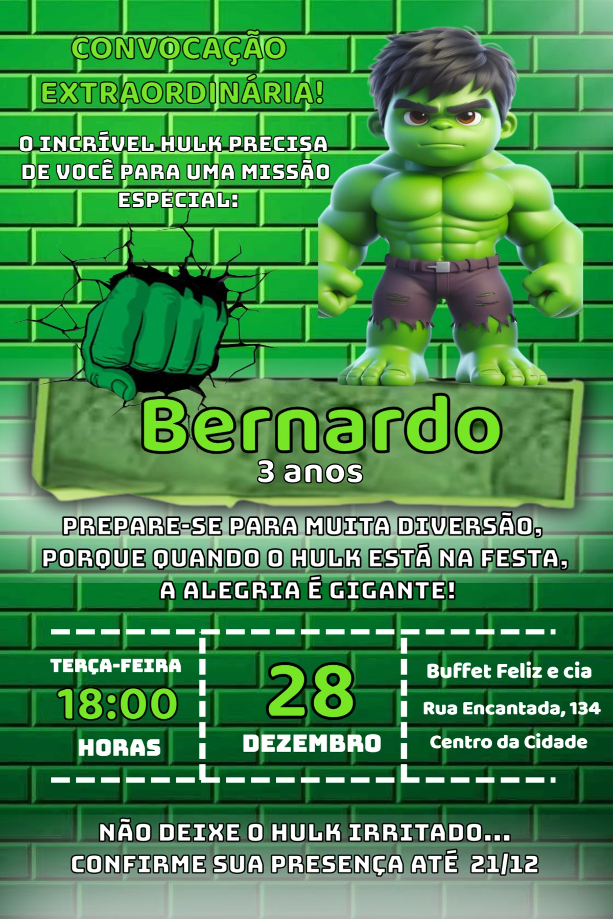 Convite de Aniversário Hulk Infantil para Editar e Enviar