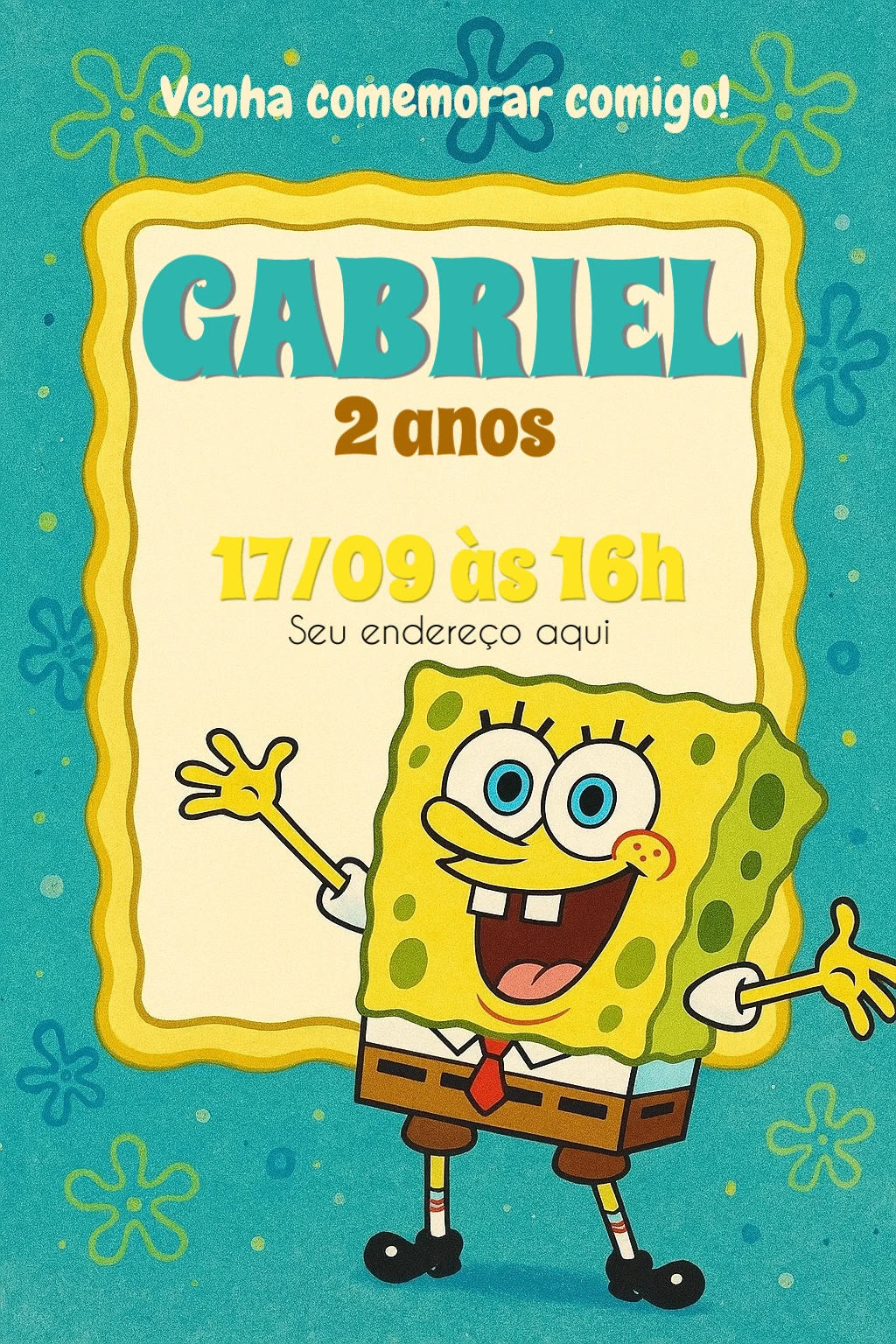 Convite Aniversário Bob Esponja para Editar Online e Imprimir