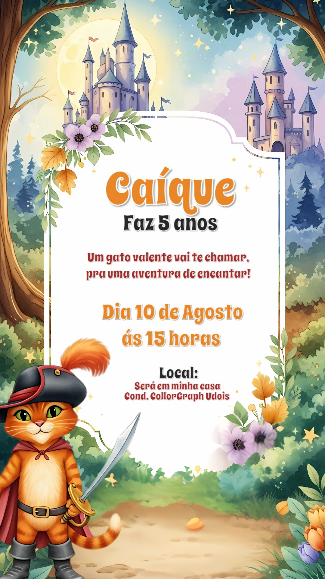 Convite de Aniversário Gato de Botas para Editar Online
