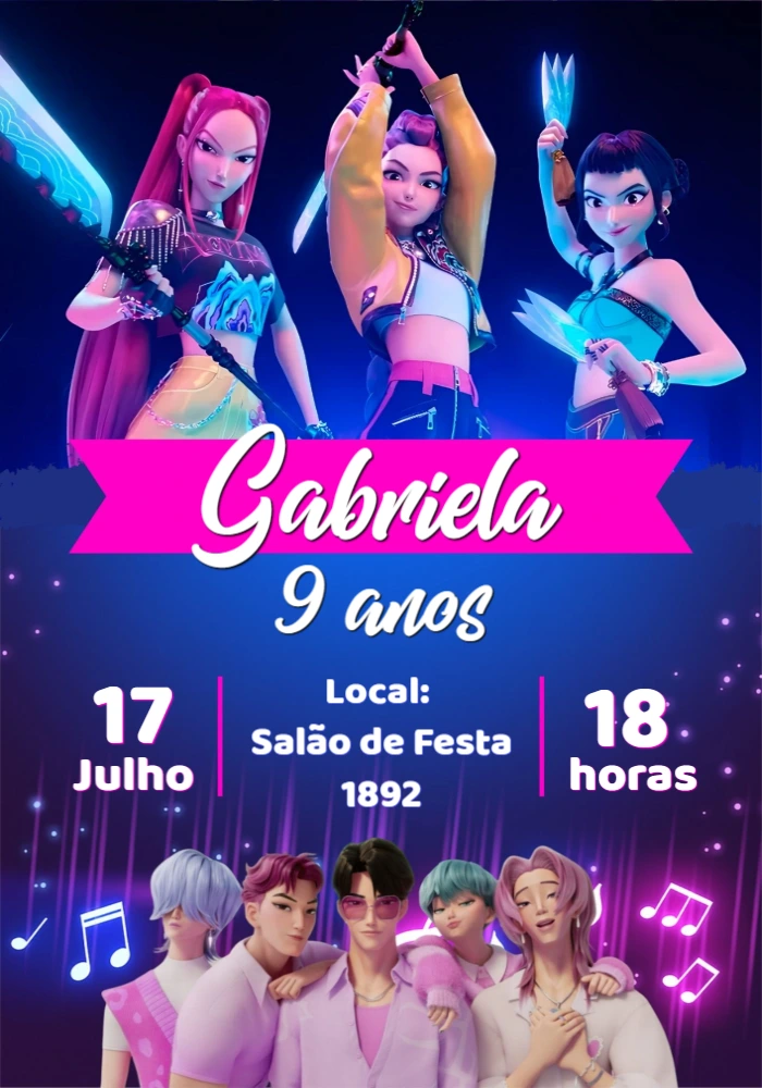 Convite Aniversário K-pop com Guerreiras para Editar Online