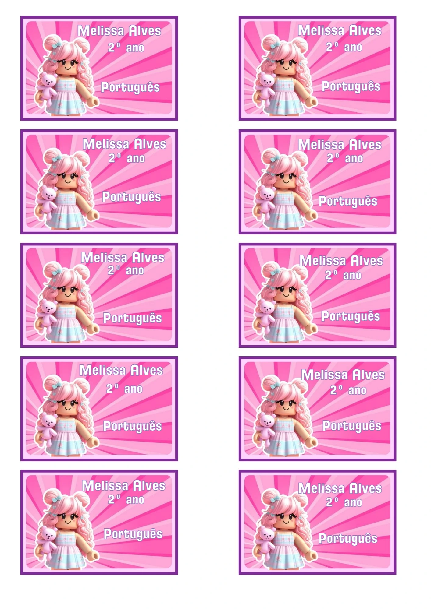 Etiqueta Escolar Roblox Rosa para Editar e Imprimir