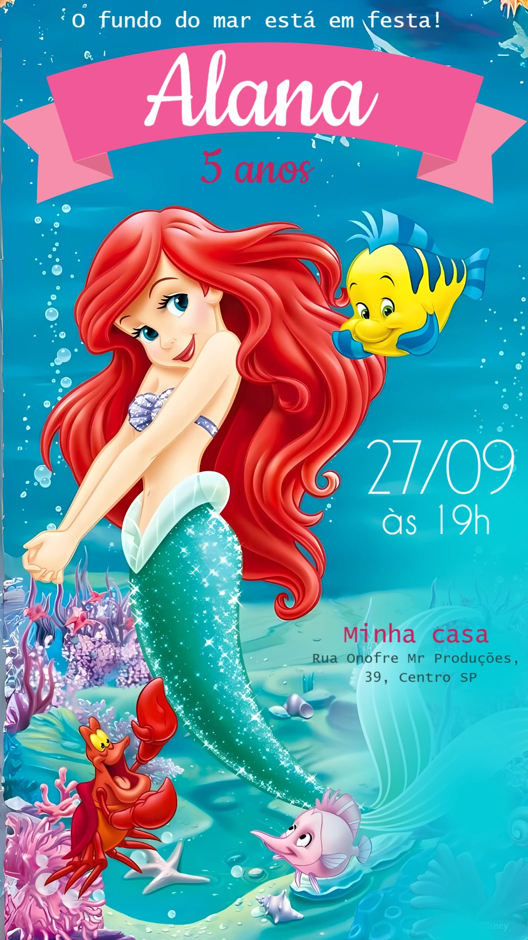 Convite Aniversário Pequena Sereia Ariel para Editar Online