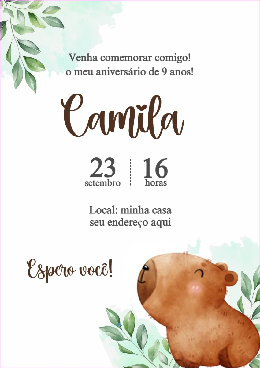 Convite Aniversário Capivara Fofa para Editar Online