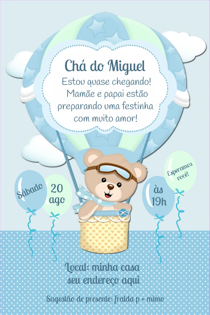 Convite Chá de Fralda Ursinho Baloeiro para Editar Online