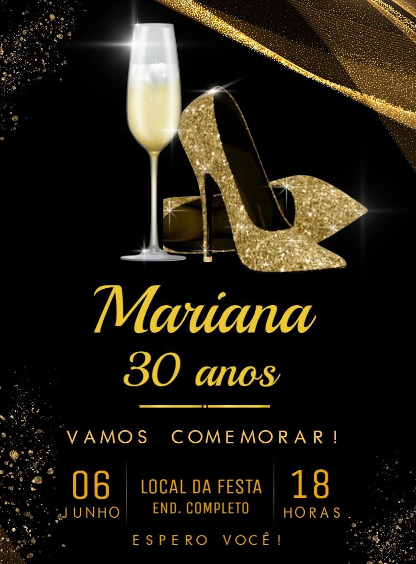 Convite de Aniversário Elegante Dourado e Preto para Editar