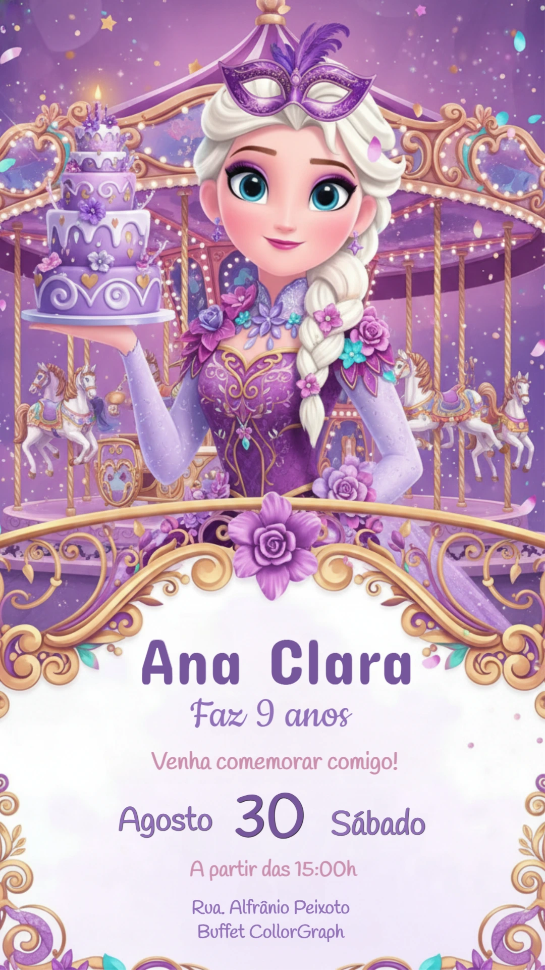 Convite de Aniversário Princesa Elsa no Carrossel Roxo para editar