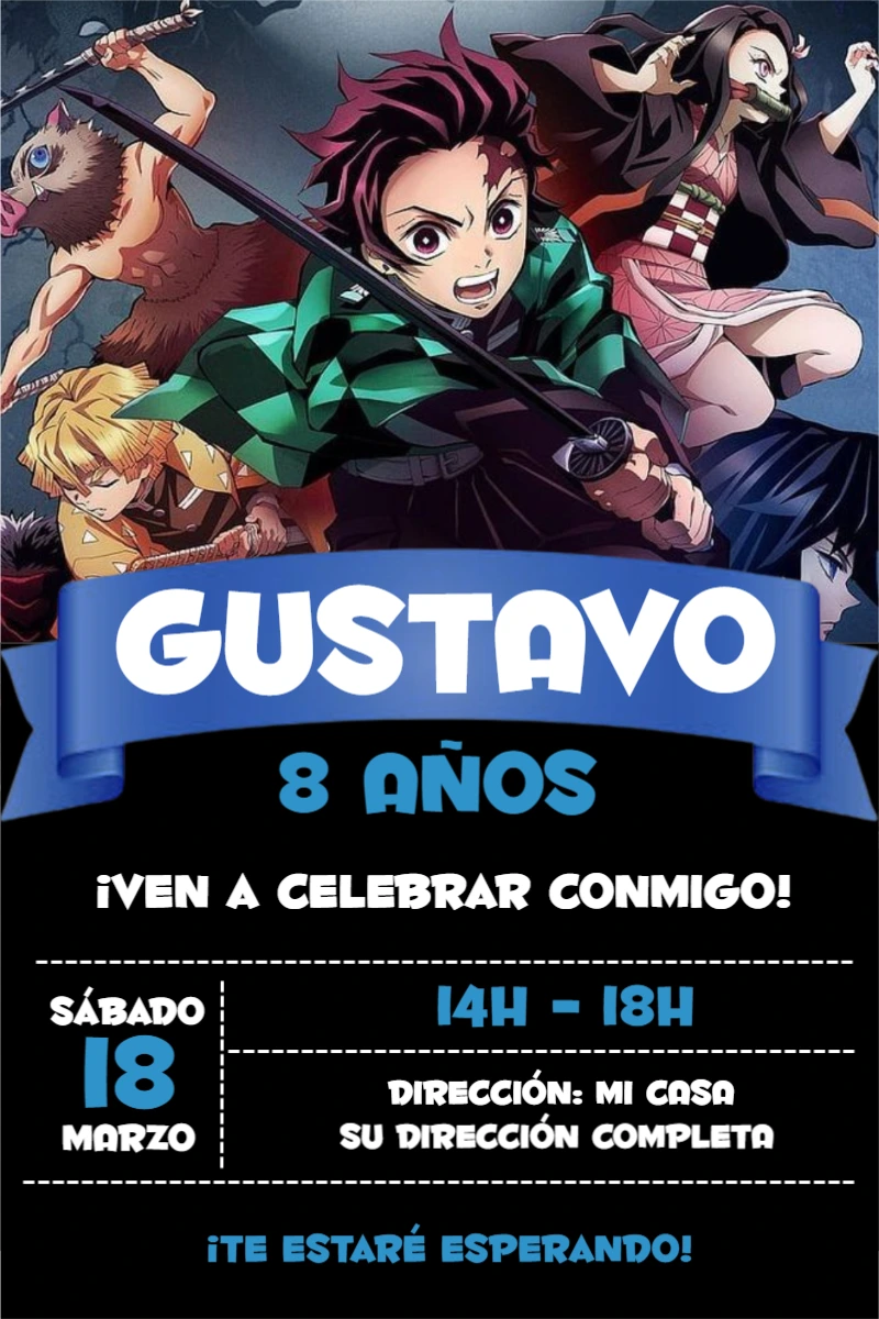 Invitación de Cumpleaños Demon Slayer para Editar Online