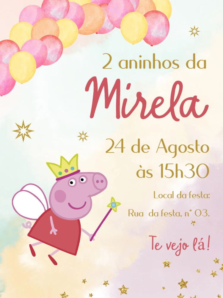 Convite Aniversário Peppa Pig Fada para Editar Online