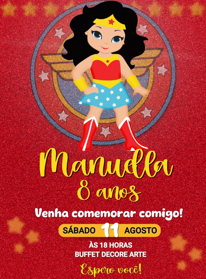 Convite de Aniversário Mulher Maravilha para Editar Online